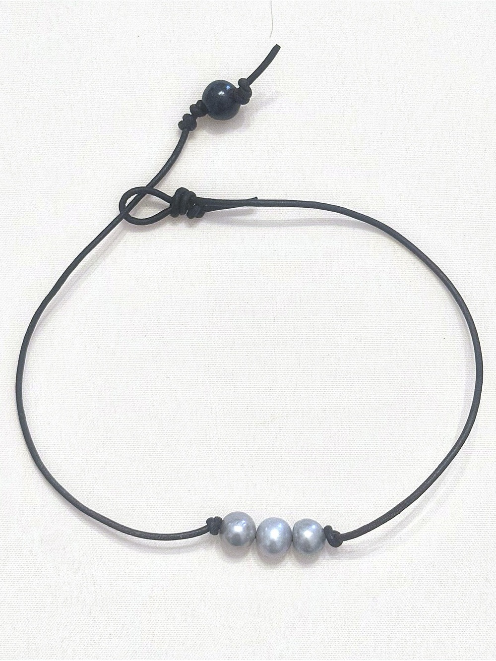 Leather Choker/ Necklace with Three Silver Pearls and black pearl toggle